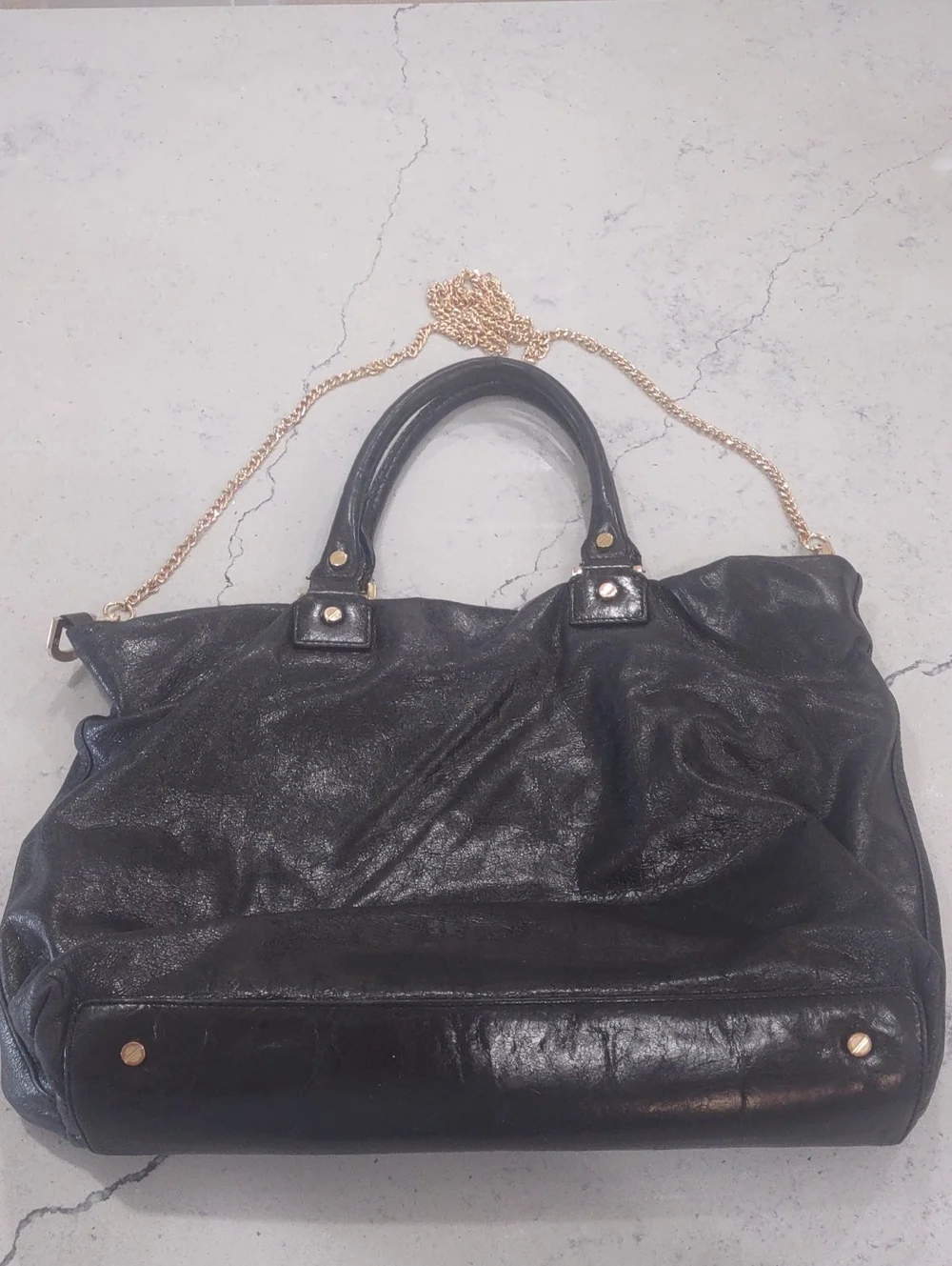 Tory Burch Black Leather Tote with Gold Tone Metal Chain Strap 